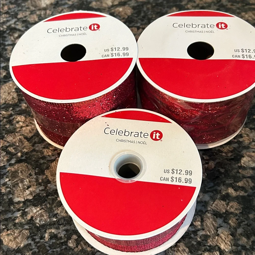 CELEBRATE IT SPARKLING ASSORTED RED WIRED RIBBON LOT OF 3 NWT
